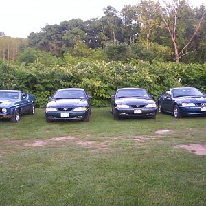 from left to right:
Aunt's 72 mac 1 (351 Cleveland), My 96 Gt, aunt's 98 gt, moms 00 v6
